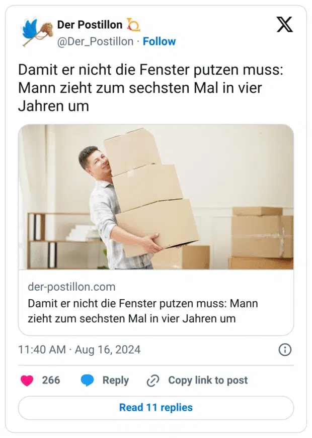 Damit er nicht die Fenster putzen muss: Mann zieht zum sechsten Mal in vier Jahren um https://t.co/KFa8tNRf5Q
