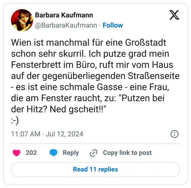 Wien ist manchmal für eine Großstadt schon sehr skurril. Ich putze grad mein Fensterbrett im Büro, ruft mir vom Haus auf der gegenüberliegenden Straßenseite - es ist eine schmale Gasse - eine Frau, die am Fenster raucht, zu: "Putzen bei der Hitz? Ned gscheit!!"
:-)