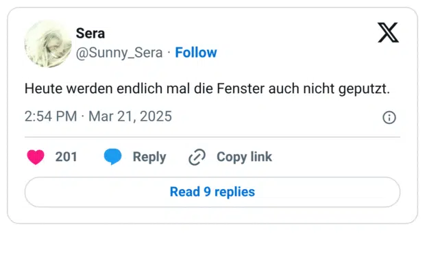 Heute werden endlich mal die Fenster auch nicht geputzt.