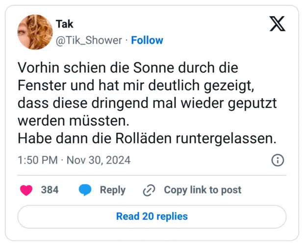 Vorhin schien die Sonne durch die Fenster und hat mir deutlich gezeigt, dass diese dringend mal wieder geputzt werden müssten.
Habe dann die Rolläden runtergelassen.