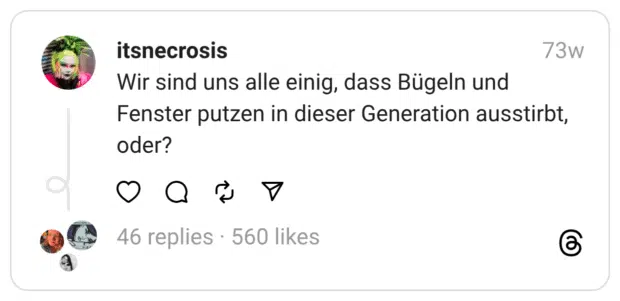 Wir sind uns alle einig, dass Bügeln und Fenster putzen in dieser Generation ausstirbt, oder?