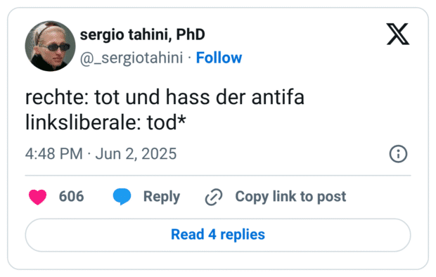 rechte: tot und hass der antifa
linksliberale: tod*