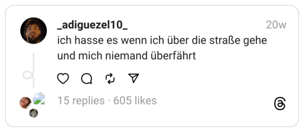 ich hasse es wenn ich über die straße gehe und mich niemand überfährt