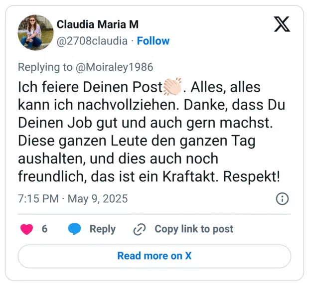 Ich feiere Deinen Post👏🏻. Alles, alles kann ich nachvollziehen. Danke, dass Du Deinen Job gut und auch gern machst. Diese ganzen Leute den ganzen Tag aushalten, und dies auch noch freundlich, das ist ein Kraftakt. Respekt!