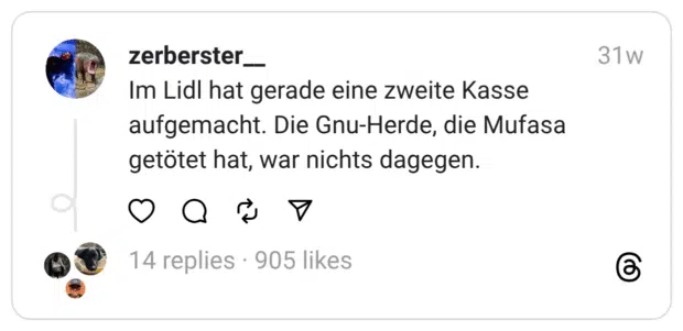 Im Lidl hat gerade eine zweite Kasse aufgemacht. Die Gnu-Herde, die Mufasa getötet hat, war nichts dagegen.