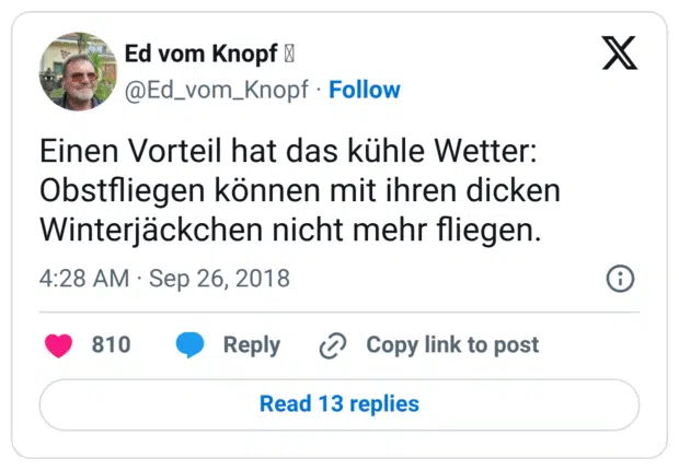 Einen Vorteil hat das kühle Wetter:
Obstfliegen können mit ihren dicken Winterjäckchen nicht mehr fliegen.