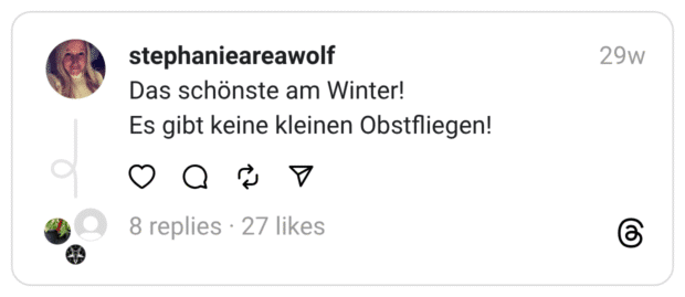 Das schönste am Winter!
Es gibt keine kleinen Obstfliegen!