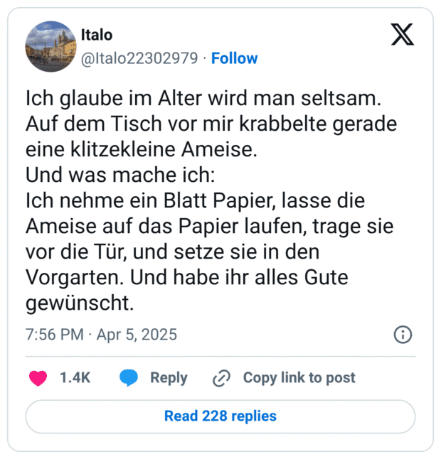 Ich glaube im Alter wird man seltsam.
Auf dem Tisch vor mir krabbelte gerade eine klitzekleine Ameise.
Und was mache ich:
Ich nehme ein Blatt Papier, lasse die Ameise auf das Papier laufen, trage sie vor die Tür, und setze sie in den Vorgarten. Und habe ihr alles Gute gewünscht.