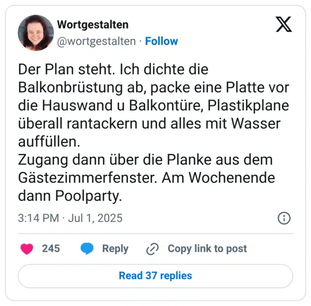 Der Plan steht. Ich dichte die Balkonbrüstung ab, packe eine Platte vor die Hauswand u Balkontüre, Plastikplane überall rantackern und alles mit Wasser auffüllen. Zugang dann über die Planke aus dem Gästezimmerfenster. Am Wochenende dann Poolparty