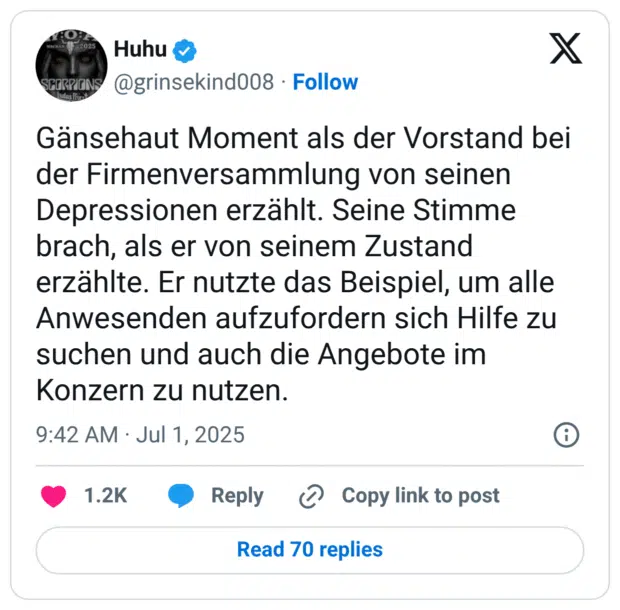Gänsehaut Moment als der Vorstand bei der Firmenversammlung von seinen Depressionen erzählt. Seine Stimme brach, als er von seinem Zustand erzählte. Er nutzte das Beispiel, um alle Anwesenden aufzufordern sich Hilfe zu suchen und auch die Angebote im Konzern zu nutzen.