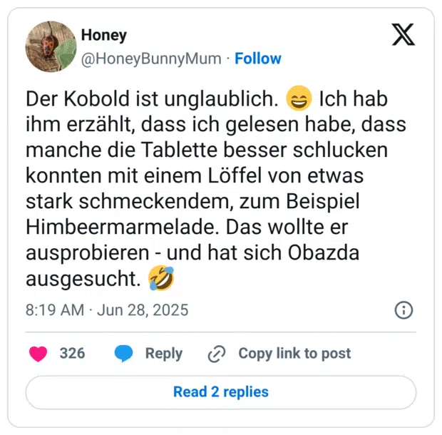 Der Kobold ist unglaublich. ihm erzählt, dass ich gelesen habe, dass manche die Tablette besser schlucken konnten mit einem Löffel von etwas stark schmeckendem, zum Beispiel Himbeermarmelade. Das wollte er ausprobieren - und hat sich Obazda ausgesucht