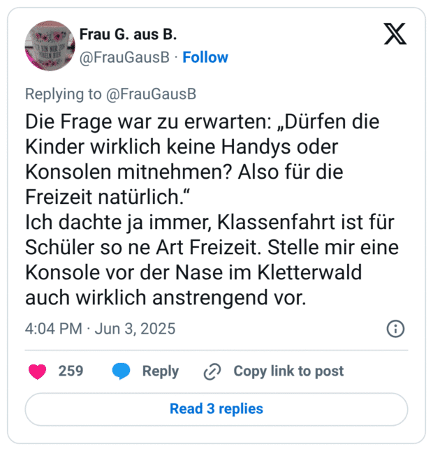 Die Frage war zu erwarten: „Dürfen die Kinder wirklich keine Handys oder Konsolen mitnehmen? Also für die Freizeit natürlich." Ich dachte ja immer, Klassenfahrt ist für Schüler so ne Art Freizeit. Stelle mir eine Konsole vor der Nase im Kletterwald auch wirklich anstrengend vor.