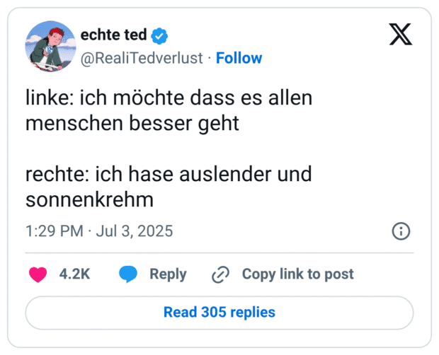 linke: ich möchte dass es allen menschen besser geht

rechte: ich hase auslender und sonnenkrehm