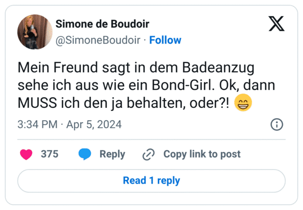 Mein Freund sagt in dem Badeanzug sehe ich aus wie ein Bond-Girl. Ok, dann MUSS ich den ja behalten, oder?! :grinsen:
