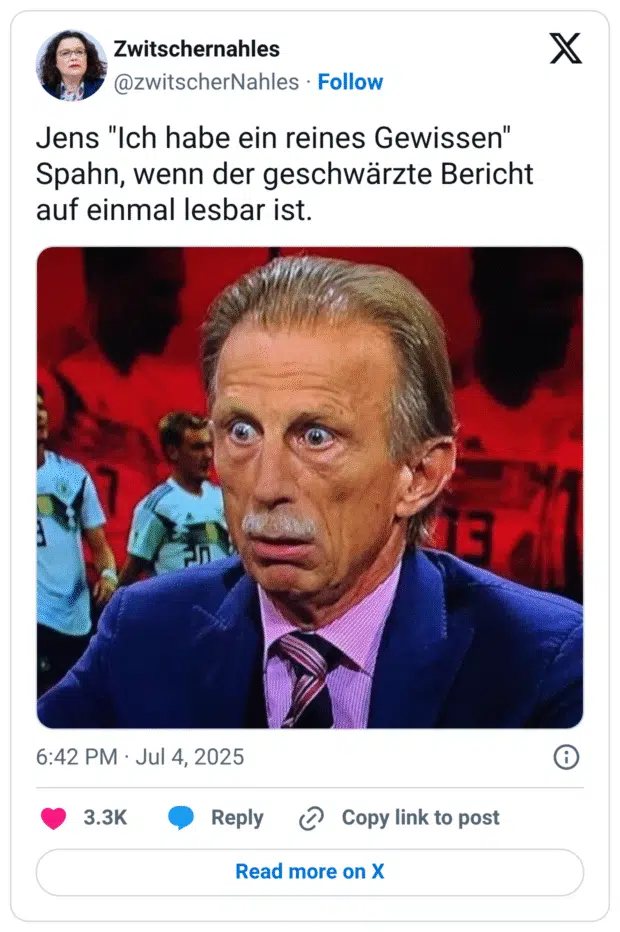 Ein Tweet von @zwitschernahles mit dem Text: „Jens 'Ich habe ein reines Gewissen' Spahn, wenn der geschwärzte Bericht auf einmal lesbar ist.“ Darunter ein Bild des Fußballtrainers Christoph Daum, der weit aufgerissene Augen macht und schockiert wirkt. Er trägt ein dunkelblaues Sakko und ein rosa gestreiftes Hemd mit Krawatte, im Hintergrund sind unscharf Fußballspieler zu sehen.
