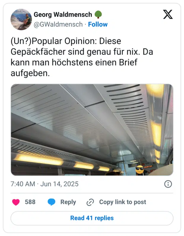 Popular Opinion: Diese Gepäckfächer sind genau für nix. Da kann man höchstens einen Brief aufgeben