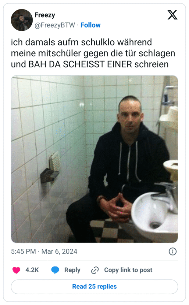 ich damals aufm schulklo während meine mitschüler gegen die tür schlagen und BAH DA SCHEISST EINER schreien
