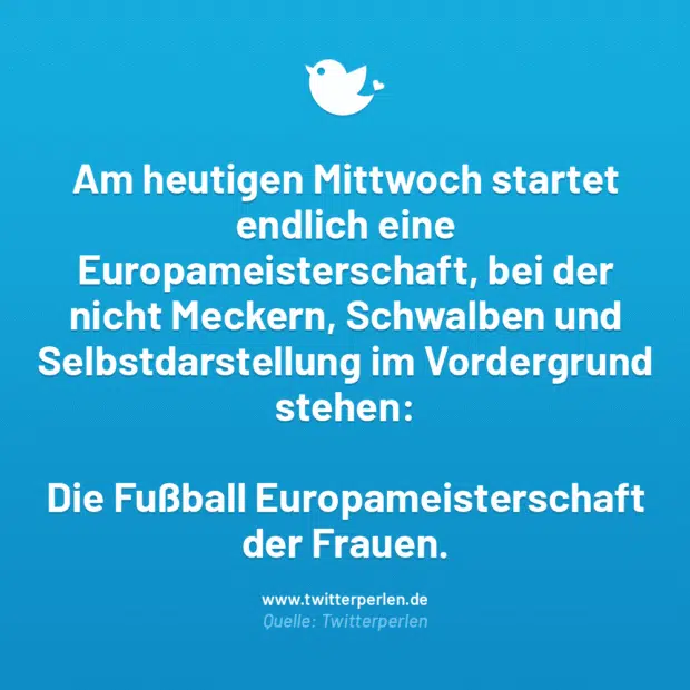 Am heutigen Mittwoch startet endlich eine Europameisterschaft, bei der nicht Meckern, Schwalben und Selbstdarstellung im Vordergrund stehen:
Die Fußball Europameisterschaft der Frauen.