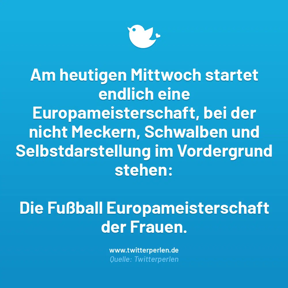 Am heutigen Mittwoch startet endlich eine Europameisterschaft, bei der nicht Meckern, Schwalben und Selbstdarstellung im Vordergrund stehen:
Die Fußball Europameisterschaft der Frauen.