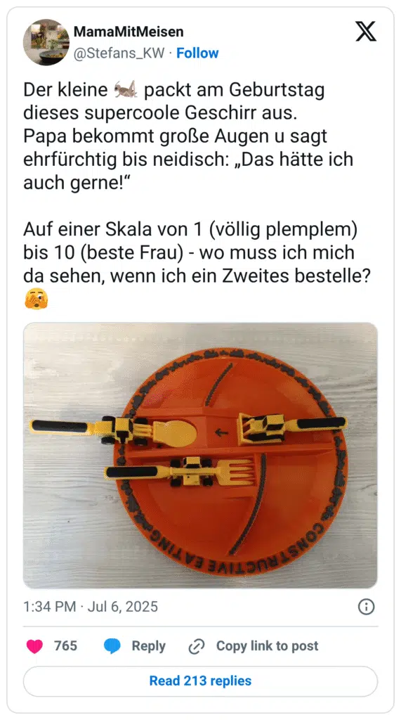 Der kleine o dieses supercoole Geschirr aus. Papa bekommt große Augen u sagt ehrfürchtig bis neidisch: „Das hätte ich auch gerne!" Auf einer Skala von 1 (völlig plemplem) bis 10 (beste Frau) - wo muss ich mich da sehen, wenn ich ein Zweites bestelle?