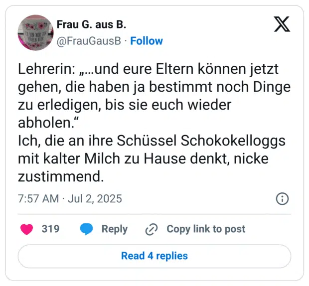 MAN NUA FIN NIK Lehrerin: „...und eure Eltern können jetzt gehen, die haben ja bestimmt noch Dinge zu erledigen, bis sie euch wieder abholen. Ich, die an ihre Schüssel Schokokelloggs mit kalter Milch zu Hause denkt, nicke zustimmend.