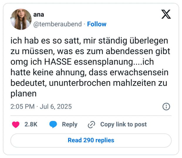 ich hab es so satt, mir ständig überlegen zu müssen, was es zum abendessen gibt omg ich HASSE essensplanung....ich hatte keine ahnung, dass erwachsensein bedeutet, ununterbrochen mahlzeiten zu planen
