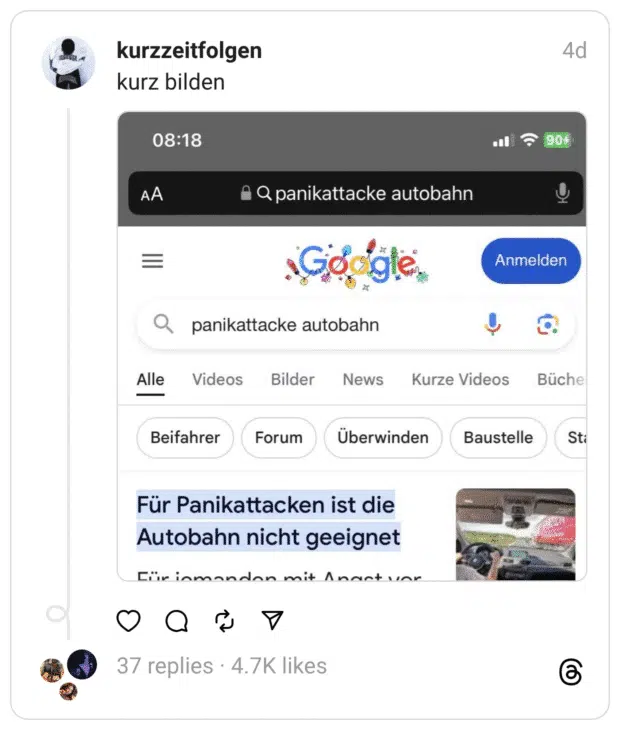 Screenshot einer Google-Suche auf einem Smartphone mit dem Suchbegriff „panikattacke autobahn“. Das hervorgehobene Ergebnis lautet: „Für Panikattacken ist die Autobahn nicht geeignet“. Darüber steht die ironische Bildunterschrift „kurz bilden“. Das Meme spielt auf die absurde Selbstverständlichkeit der Aussage an und karikiert sie als angeblich hilfreichen „Bildungsinhalt“.