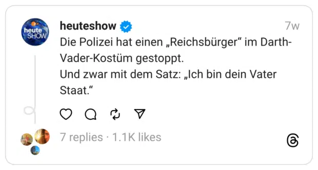 Die Polizei hat einen „Reichsbürger“ im Darth-Vader-Kostüm gestoppt. Und zwar mit dem Satz: „Ich bin dein Vater Staat.“