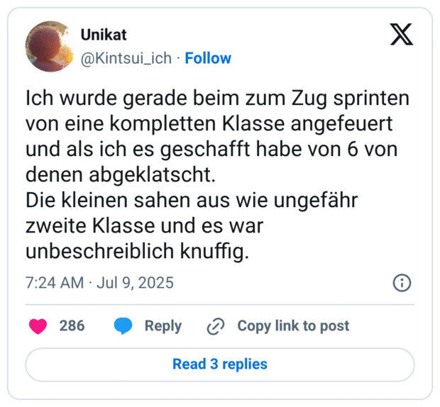 Ich wurde gerade beim zum Zug sprinten von eine kompletten Klasse angefeuert und als ich es geschafft habe von 6 von denen abgeklatscht.
Die kleinen sahen aus wie ungefähr zweite Klasse und es war unbeschreiblich knuffig.