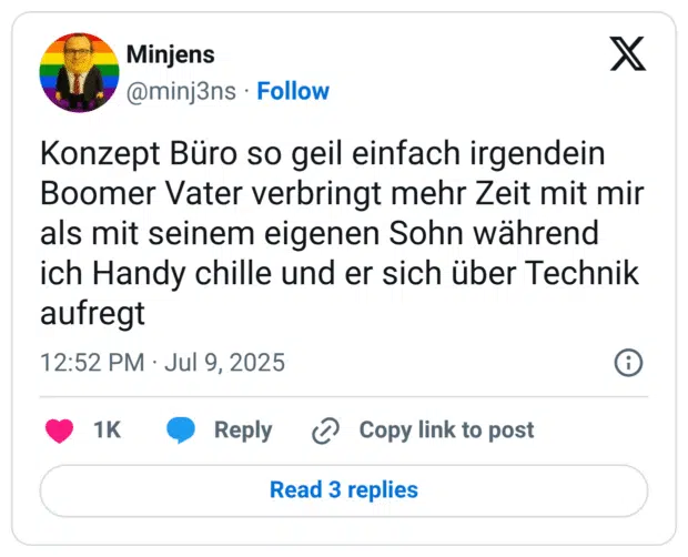 Konzept Büro so geil einfach irgendein Boomer Vater verbringt mehr Zeit mit mir als mit seinem eigenen Sohn während ich Handy chille und er sich über Technik aufregt