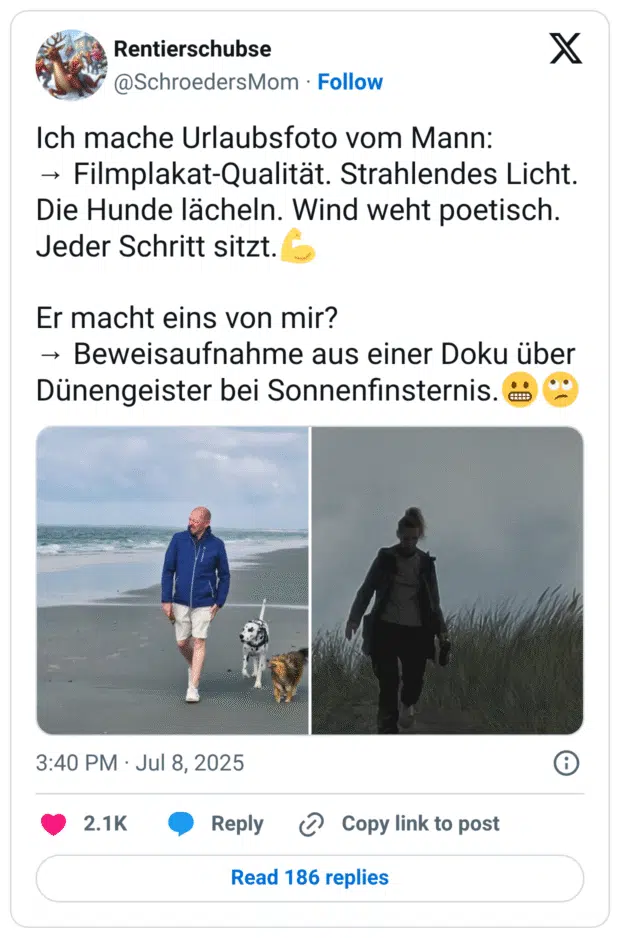 Ich mache Urlaubsfoto vom Mann:
→ Filmplakat-Qualität. Strahlendes Licht. Die Hunde lächeln. Wind weht poetisch. Jeder Schritt sitzt.💪

Er macht eins von mir?
→ Beweisaufnahme aus einer Doku über Dünengeister bei Sonnenfinsternis.😬🙄
