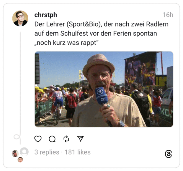 Der Lehrer (Sport&Bio), der nach zwei Radlern auf dem Schulfest vor den Ferien spontan „noch kurz was rappt"