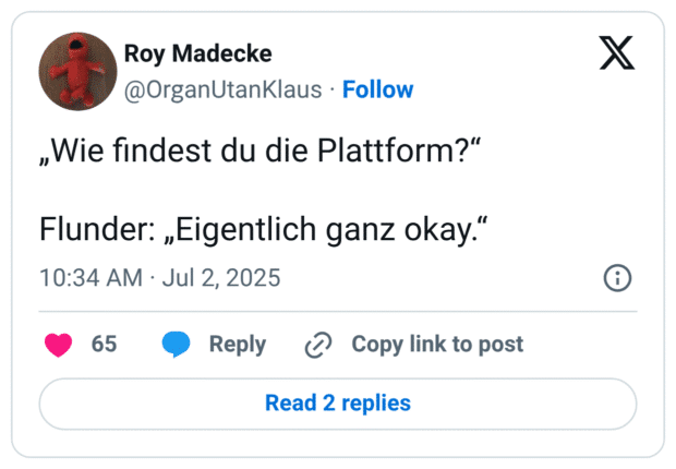 „Wie findest du die Plattform?“

Flunder: „Eigentlich ganz okay.“