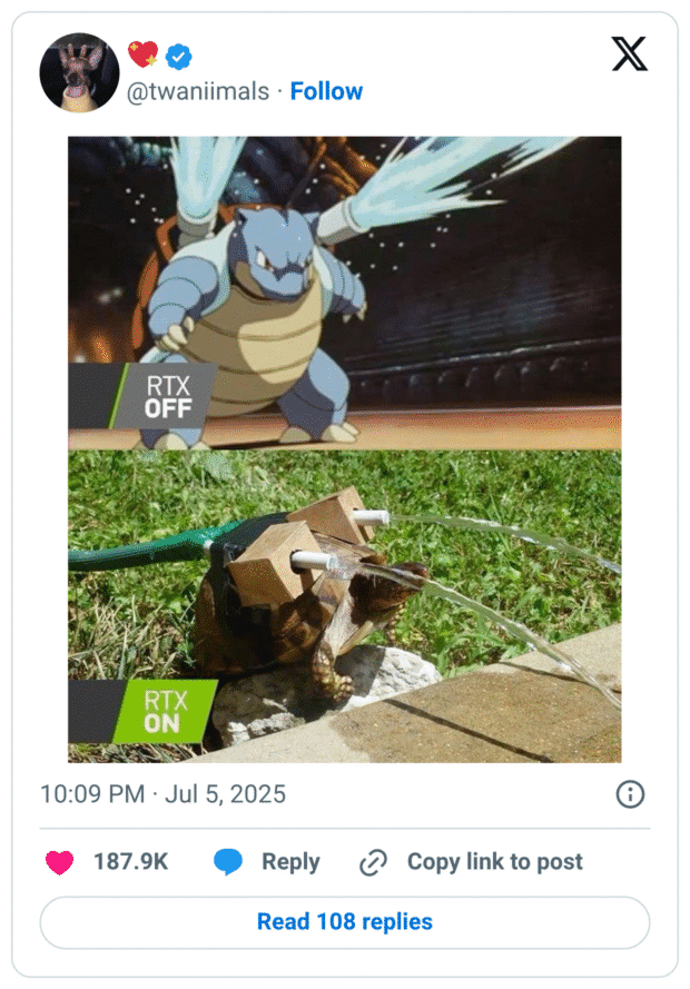 Das Meme zeigt einen Bildvergleich im Stil von „RTX OFF“ vs. „RTX ON“. Oben sieht man das Pokémon Turtok in seiner bekannten animierten Form mit Wasserkanonen auf dem Rücken (beschriftet mit „RTX OFF“). Darunter ein Foto einer echten Schildkröte mit anmontierten Papp-Kanonen, aus denen Wasserstrahlen schießen – improvisiert mit einem Gartenschlauch. Das Bild ist mit „RTX ON“ betitelt – eine ironische Umkehrung, bei der die reale, aber klobige Bastellösung als technisch „besser“ dargestellt wird.