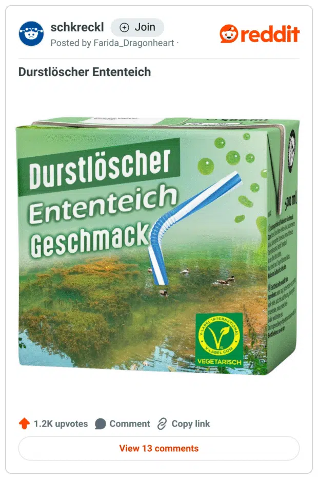 Ein satirisch bearbeitetes Bild einer Durstlöscher-Trinkpackung, auf der statt einer Frucht oder Getränkesorte „Ententeich Geschmack“ steht. Der Trinkhalm führt direkt in ein grünes, mit Algen bedecktes Gewässer mit schwimmenden Enten. Das Bild kombiniert den typischen Look einer Getränkepackung mit dem unappetitlichen Gedanken, Wasser direkt aus einem Ententeich zu trinken – absurd und humorvoll zugleich.