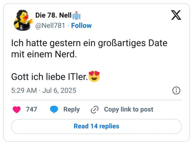 Ich hatte gestern ein großartiges Date mit einem Nerd.

Gott ich liebe ITler.😍
