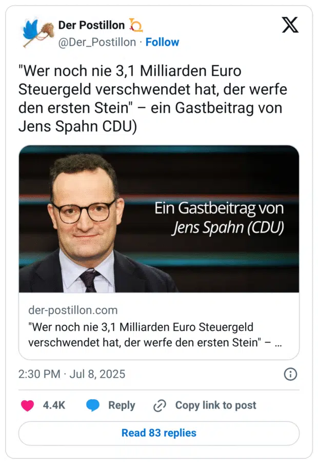 "Wer noch nie 3,1 Milliarden Euro Steuergeld verschwendet hat, der werfe den ersten Stein" - ein Gastbeitrag von Jens Spahn CDU) der-postillon.com "Wer noch nie 3,1 Milliarden Euro Steuergeld verschwendet hat, der werfe den ersten Stein"