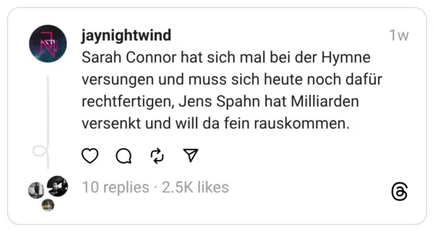 Sarah Connor hat sich mal bei der Hymne versungen und muss sich heute noch dafür rechtfertigen, Jens Spahn hat Milliarden versenkt und will da fein rauskommen.