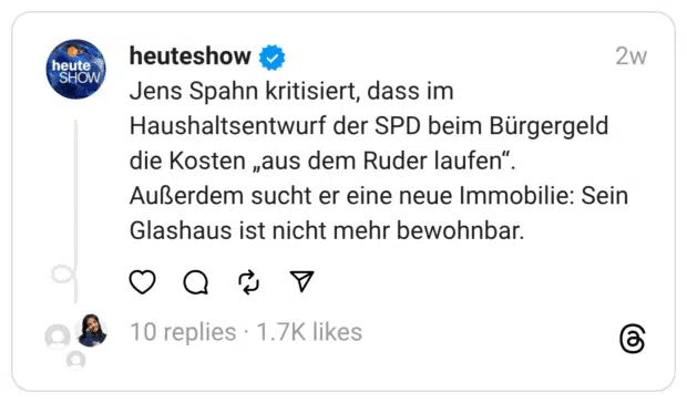 Jens Spahn kritisiert, dass im Haushaltsentwurf der SPD beim Bürgergeld die Kosten „aus dem Ruder laufen". Außerdem sucht er eine neue Immobilie: Sein Glashaus ist nicht mehr bewohnbar.