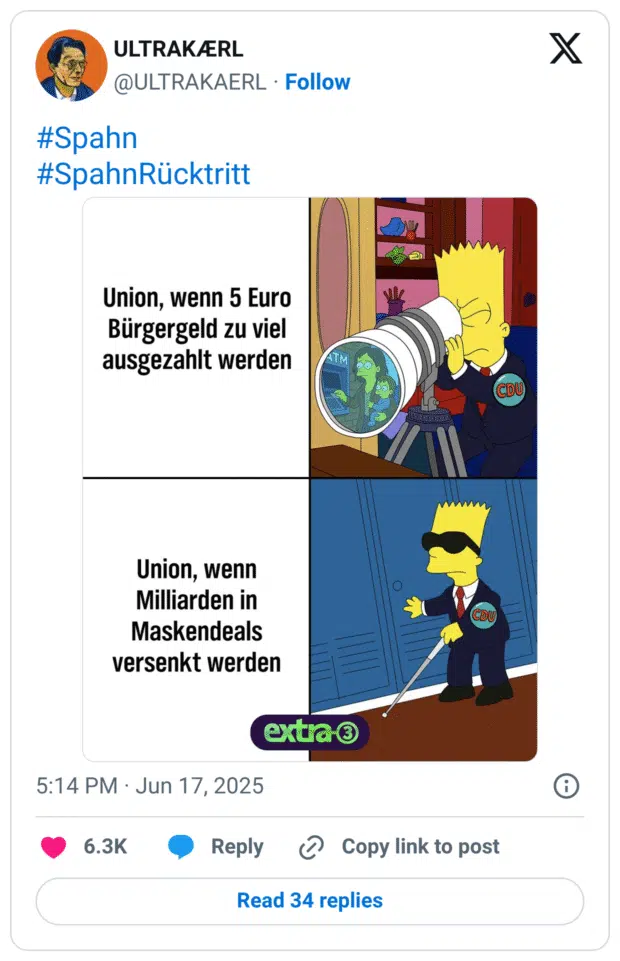 wenn 5 Euro Bürgergeld zu viel ausgezahlt werden Union, wenn Milliarden in Maskendeals versenkt werden