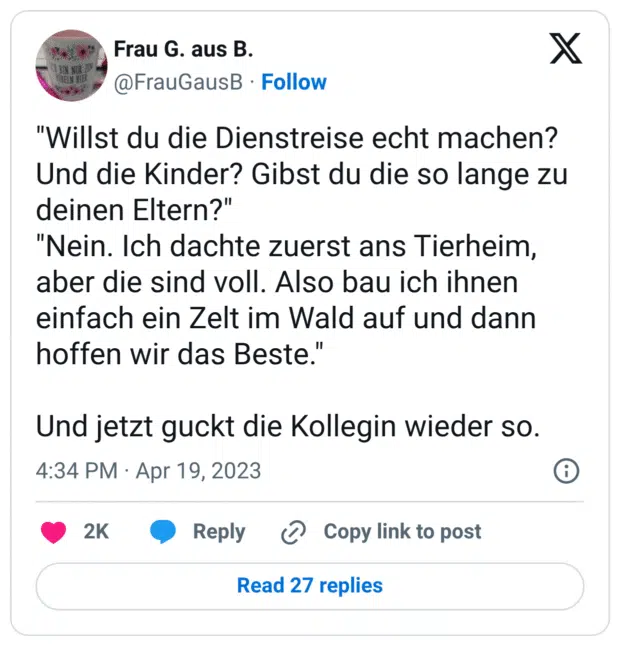 "Willst du die Dienstreise echt machen? Und die Kinder? Gibst du die so lange zu deinen Eltern?"
"Nein. Ich dachte zuerst ans Tierheim, aber die sind voll. Also bau ich ihnen einfach ein Zelt im Wald auf und dann hoffen wir das Beste."

Und jetzt guckt die Kollegin wieder so.