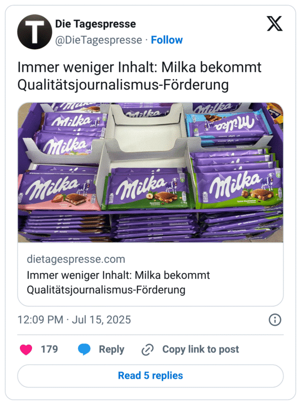 mmer weniger Inhalt: Milka bekommt Qualitätsjournalismus-Förderung Malkani Inlalka Malka dietagespresse.com Immer weniger Inhalt: Milka bekommt Qualitätsjournalismus-Förderung