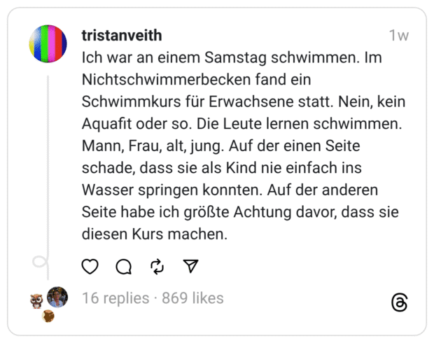 Ich war an einem Samstag schwimmen. Im Nichtschwimmerbecken fand ein Schwimmkurs für Erwachsene statt. Nein, kein Aquafit oder so. Die Leute lernen schwimmen. Mann, Frau, alt, jung. Auf der einen Seite schade, dass sie als Kind nie einfach ins Wasser springen konnten. Auf der anderen Seite habe ich größte Achtung davor, dass sie diesen Kurs machen.