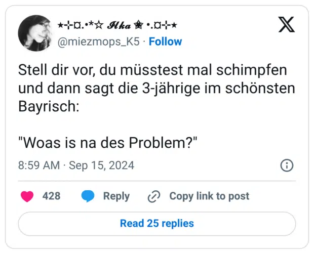 Stell dir vor, du müsstest mal schimpfen und dann sagt die 3-jährige im schönsten Bayrisch: 

"Woas is na des Problem?"
