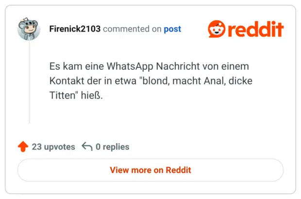 Es kam eine WhatsApp Nachricht von einem Kontakt der in etwa "blond, macht An*l, dicke T*tten" hieß.