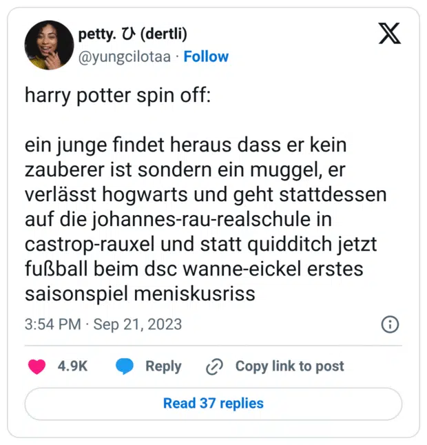 harry potter spin off:

ein junge findet heraus dass er kein zauberer ist sondern ein muggel, er verlässt hogwarts und geht stattdessen auf die johannes-rau-realschule in castrop-rauxel und statt quidditch jetzt fußball beim dsc wanne-eickel erstes saisonspiel meniskusriss