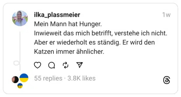 Mein Mann hat Hunger.
Inwieweit das mich betrifft, verstehe ich nicht. Aber er wiederholt es ständig. Er wird den Katzen immer ähnlicher.