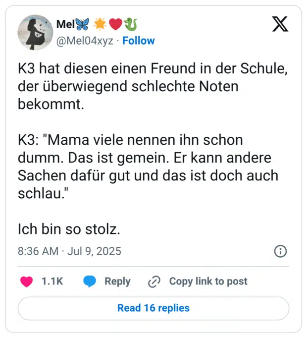 K3 hat diesen einen Freund in der Schule, der überwiegend schlechte Noten bekommt. K3: "Mama viele nennen ihn schon dumm. Das ist gemein. Er kann andere Sachen dafür gut und das ist doch auch schlau. Ich bin so stolz.