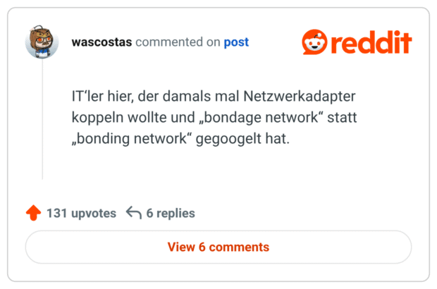 IT‘ler hier, der damals mal Netzwerkadapter koppeln wollte und „bondage network“ statt „bonding network“ gegoogelt hat.