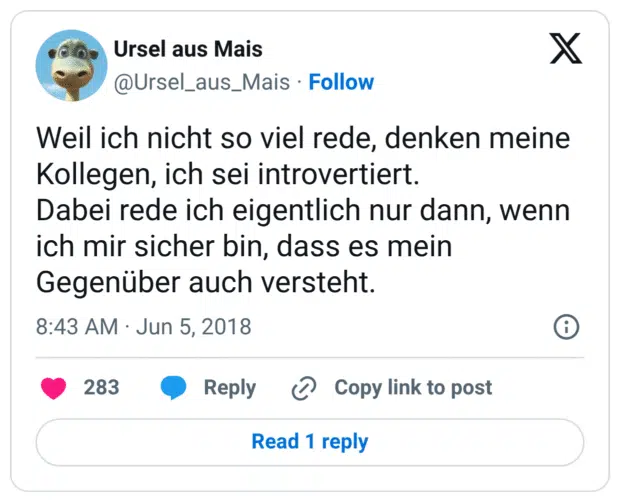 Weil ich nicht so viel rede, denken meine Kollegen, ich sei introvertiert.
Dabei rede ich eigentlich nur dann, wenn ich mir sicher bin, dass es mein Gegenüber auch versteht.